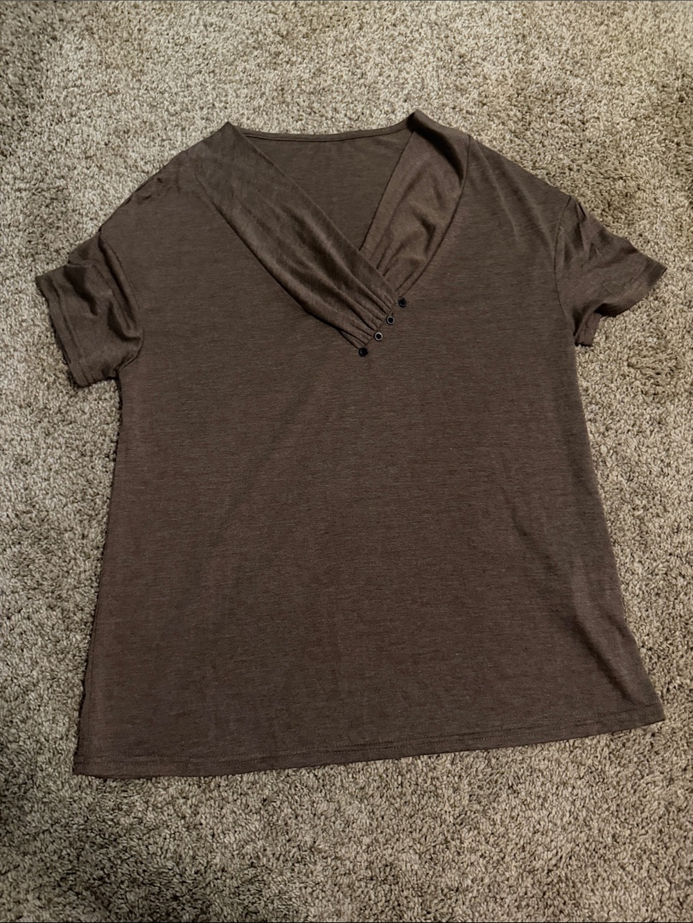 Women's Brown V-Neck Short Sleeve Top with Button Detail